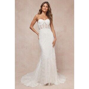 Lulus Ravishing Romance White Embroidered Feather Bustier Maxi Dress - Size XL